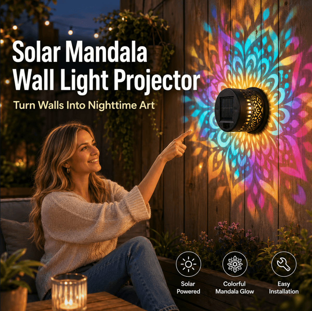 Solar Mandala Projector Light – Waterproof Metal Outdoor Wall & Fence Light for Garden, Patio & Yard
