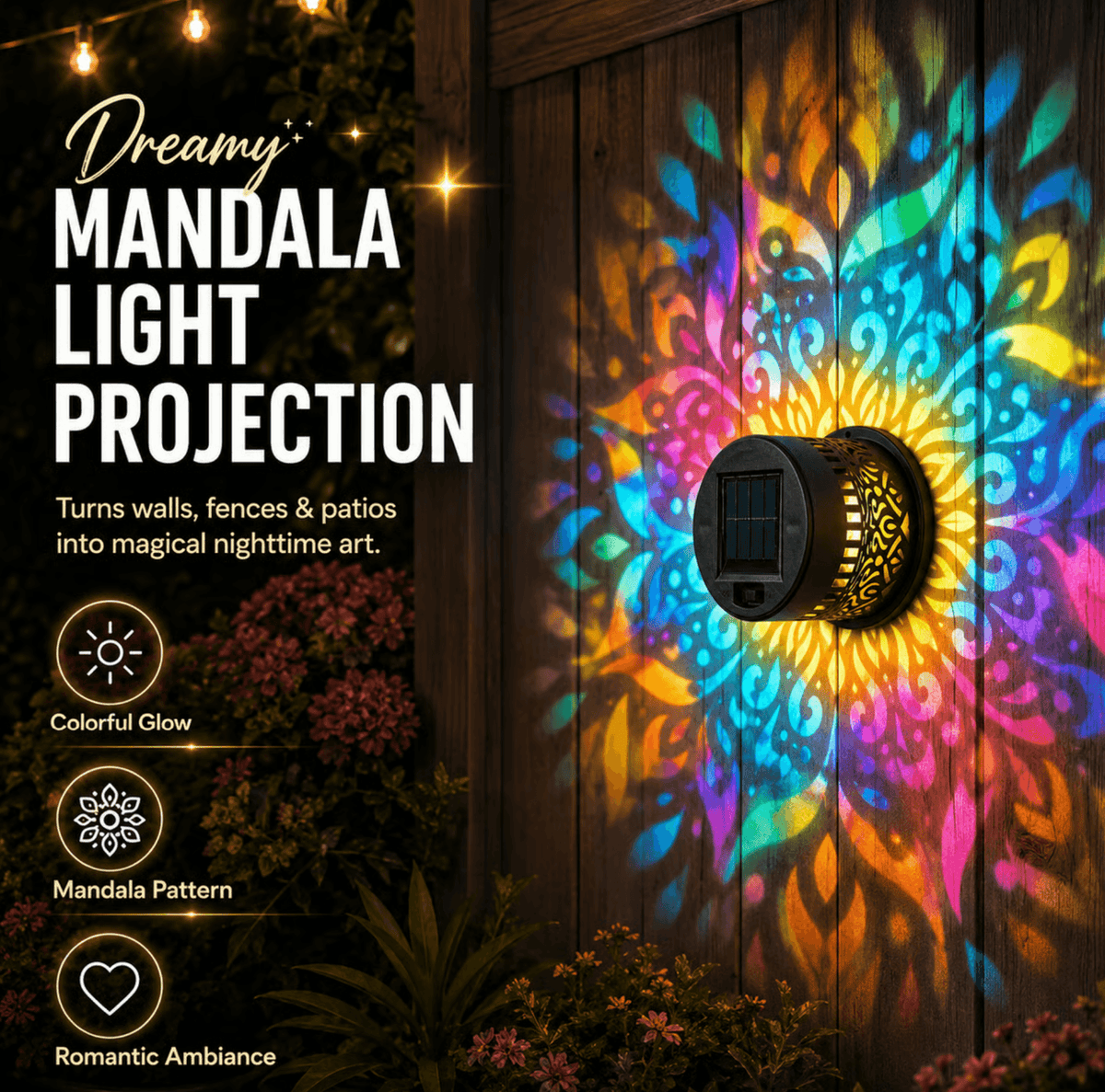 Solar Mandala Projector Light – Waterproof Metal Outdoor Wall & Fence Light for Garden, Patio & Yard
