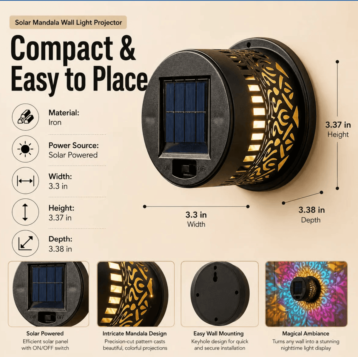 Solar Mandala Projector Light – Waterproof Metal Outdoor Wall & Fence Light for Garden, Patio & Yard